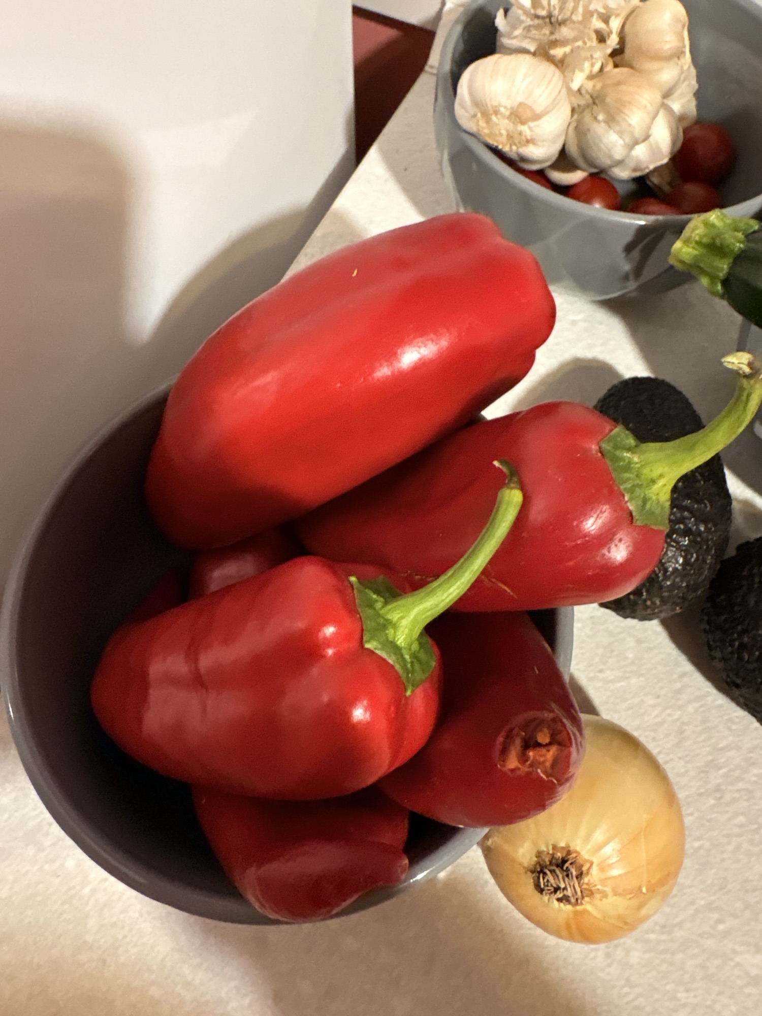Fresh red peppers on the counter